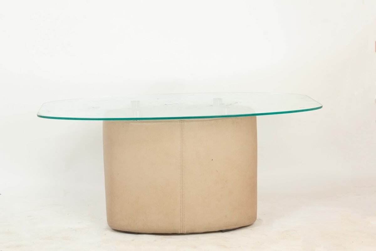 Tan Leather Drum-Base Glass Coffee Table - Image 1