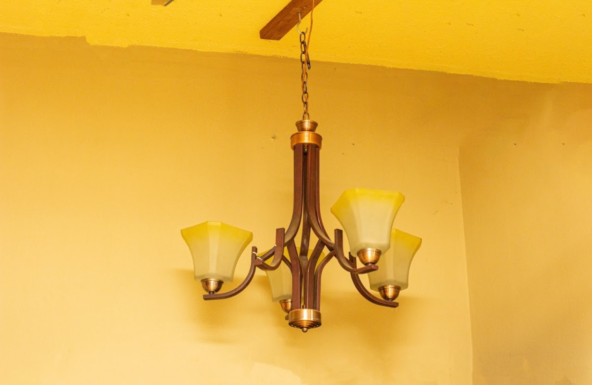 5 Arm Chandelier 4 Dark Wood 4-Arm Chandelier (Amber Glass Shades) - Image 1