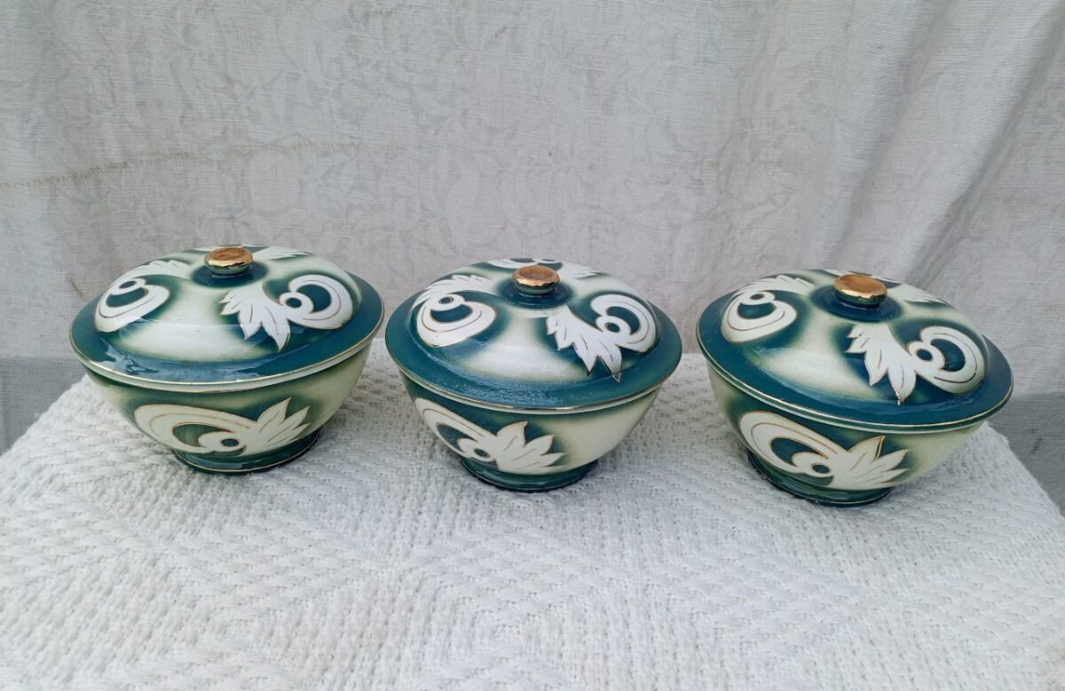 Ceramic dish 4 Teal Swirl Lidded Bowl Set (Trio) - Image 1