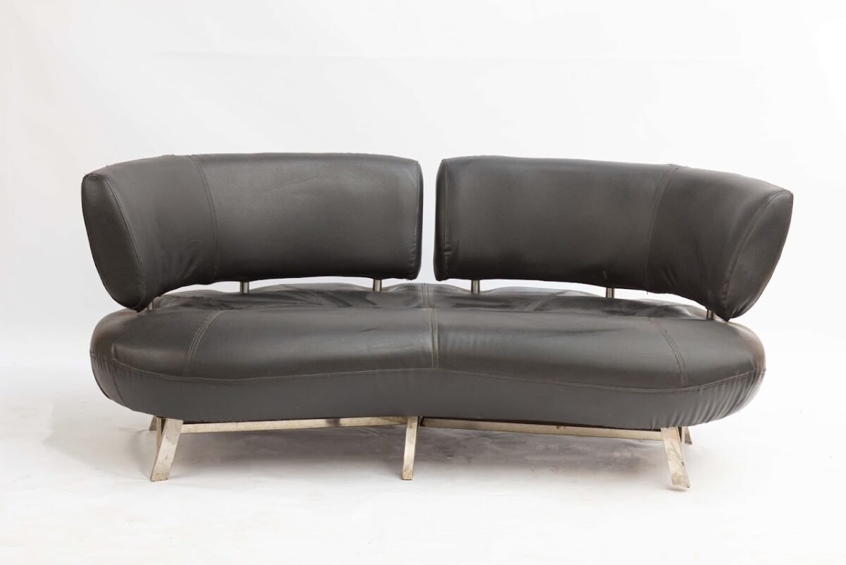 Mid-Century Modern Curved Black Leather 3-seater Sofa Mid-Century Modern Curved Black Leather 2-seater Sofa - Image 1