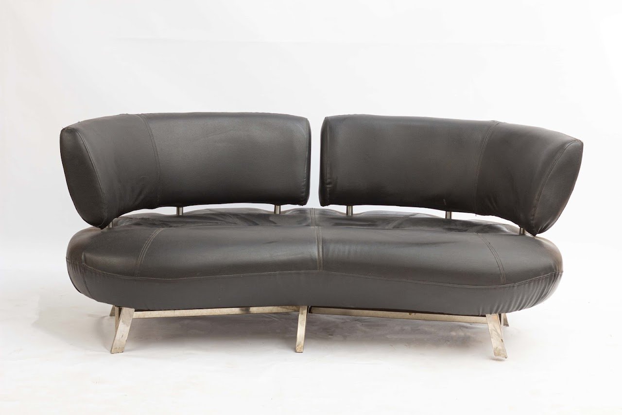 Mid-Century Modern Curved Black Leather 3-seater Sofa Mid-Century Modern Curved Black Leather 2-seater Sofa - Image 1