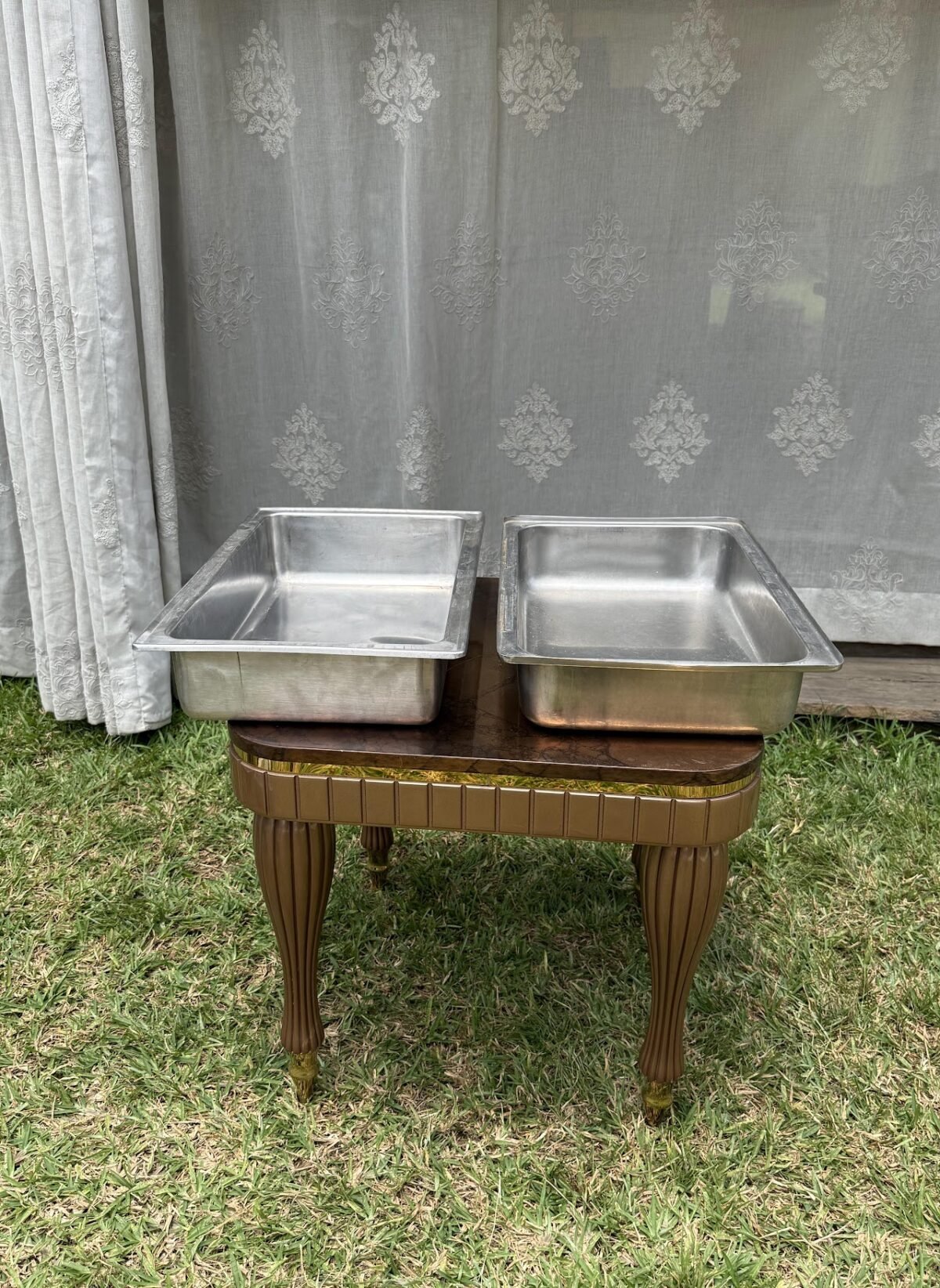Stainless Steel Chafing Dish 2 Stainless Steel Chafing Dish Pans (Pair, on Table) - Image 1