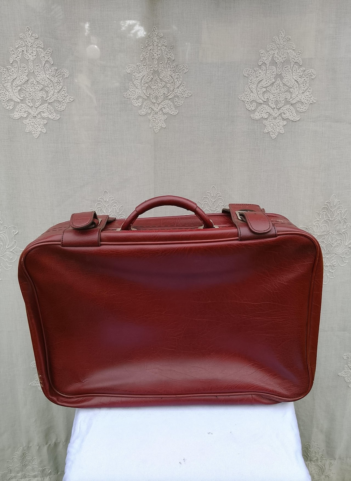Vintage Oxblood Faux-Leather Suitcase - Image 1