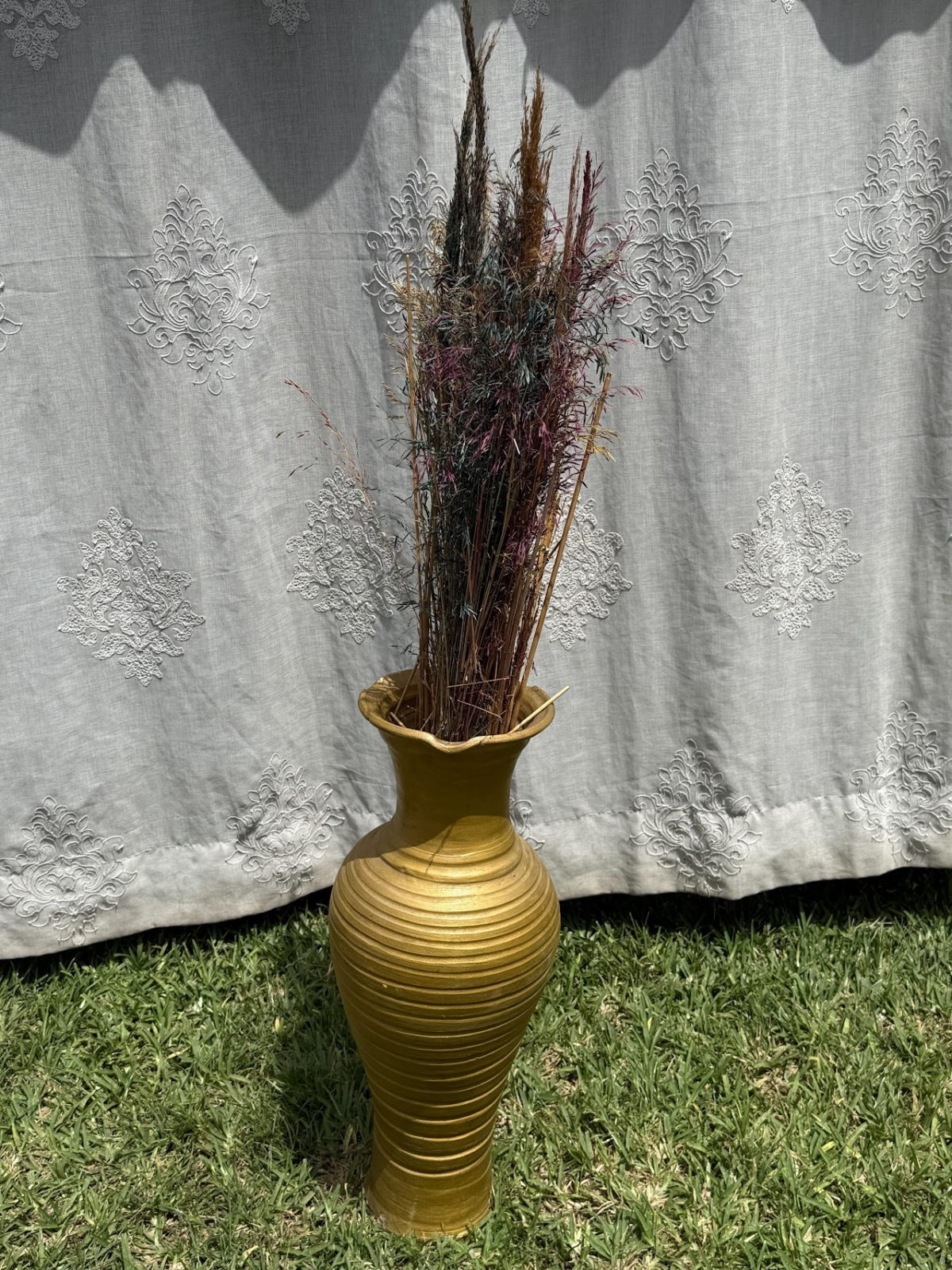 Gold Ribbed Amphora Vase with Dried Grasses - Image 1