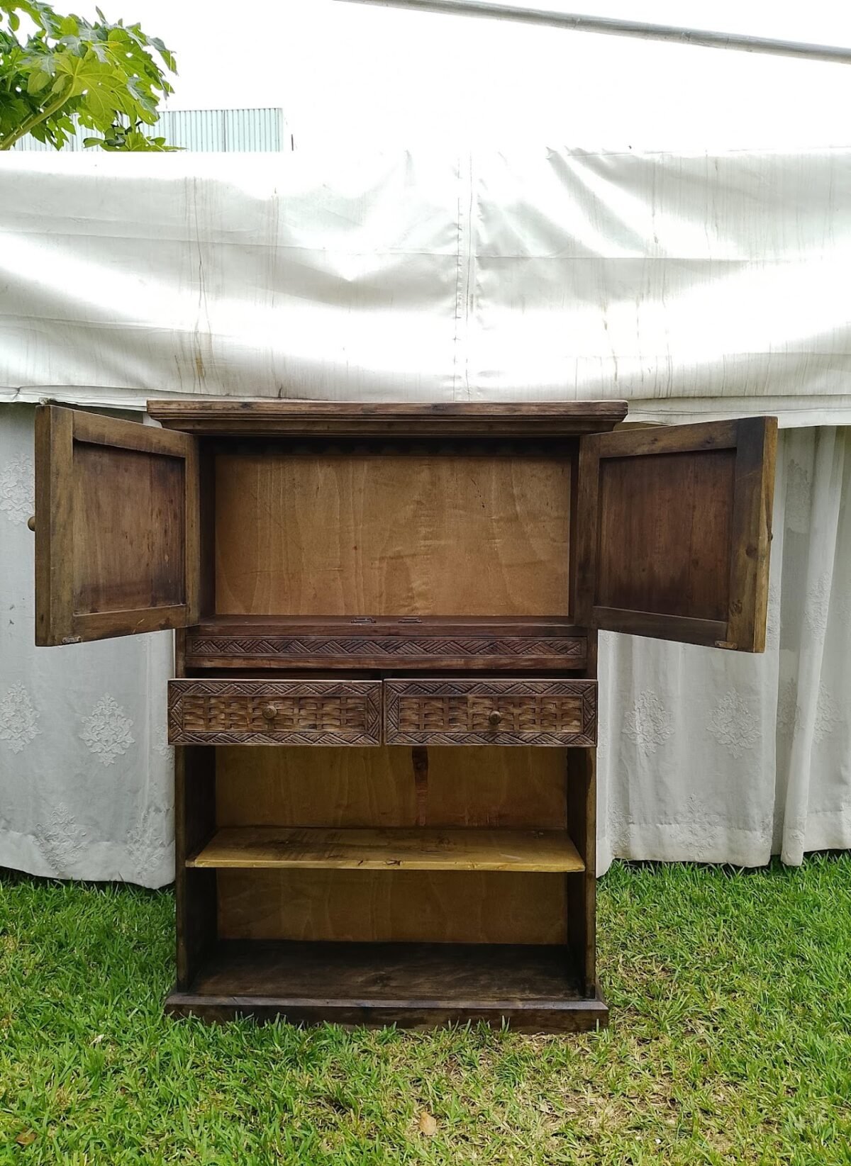 Rustic Carved Wood Armoire Storage Cabinet - Image 2